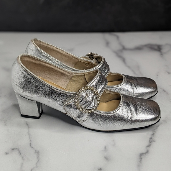 Vintage silver foil leather & rhinestone heels pumps - Picture 5 of 8